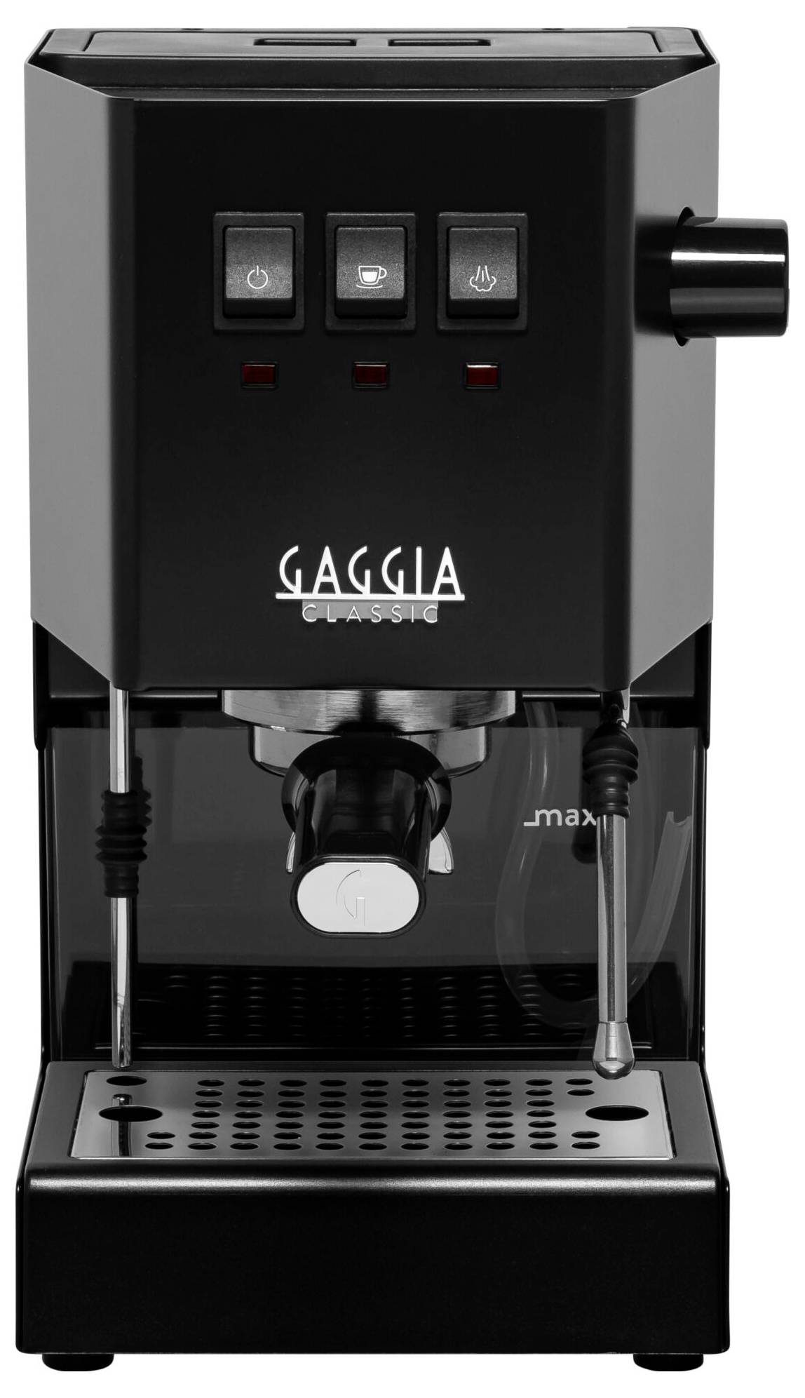 Černý espresso kávovar se třemi tlačítky nahoře. Vpředu viditelný název značky „Gaggia Classic". Moderní, kompaktní design.
