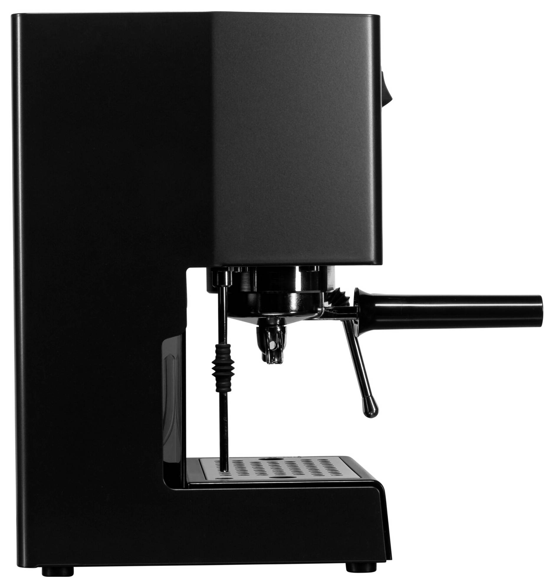 Černý espresso kávovar z bočního pohledu, který ukazuje páku filtru a parní trysku. Ideální pro přípravu kávy.