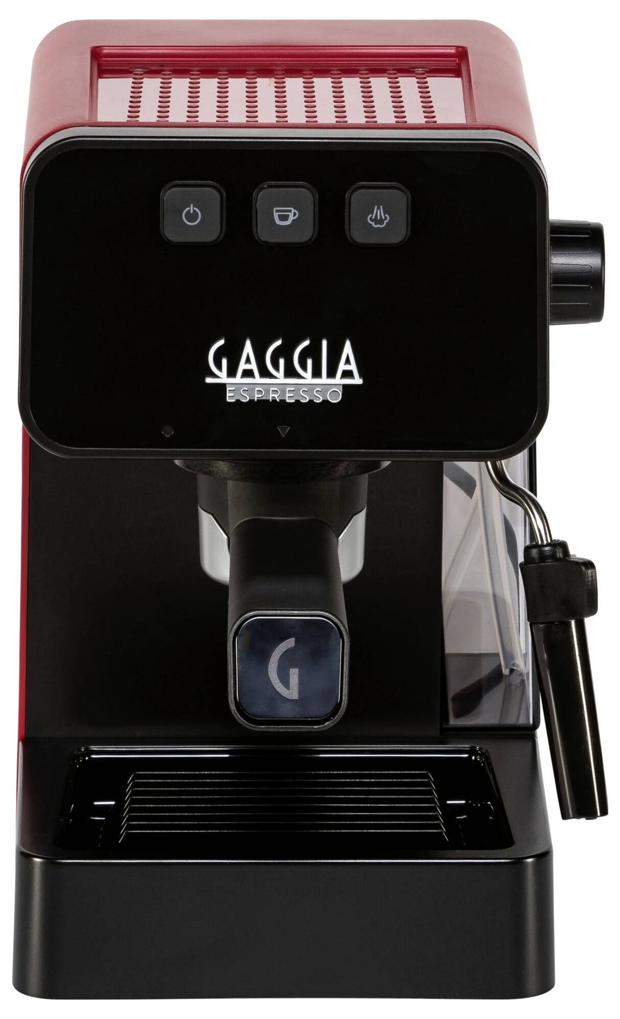 Espresso kávovar s červeným krytem. Tři tlačítka nahoře, parní tryska na boku. Značení 'Gaggia Espresso' na přední straně.