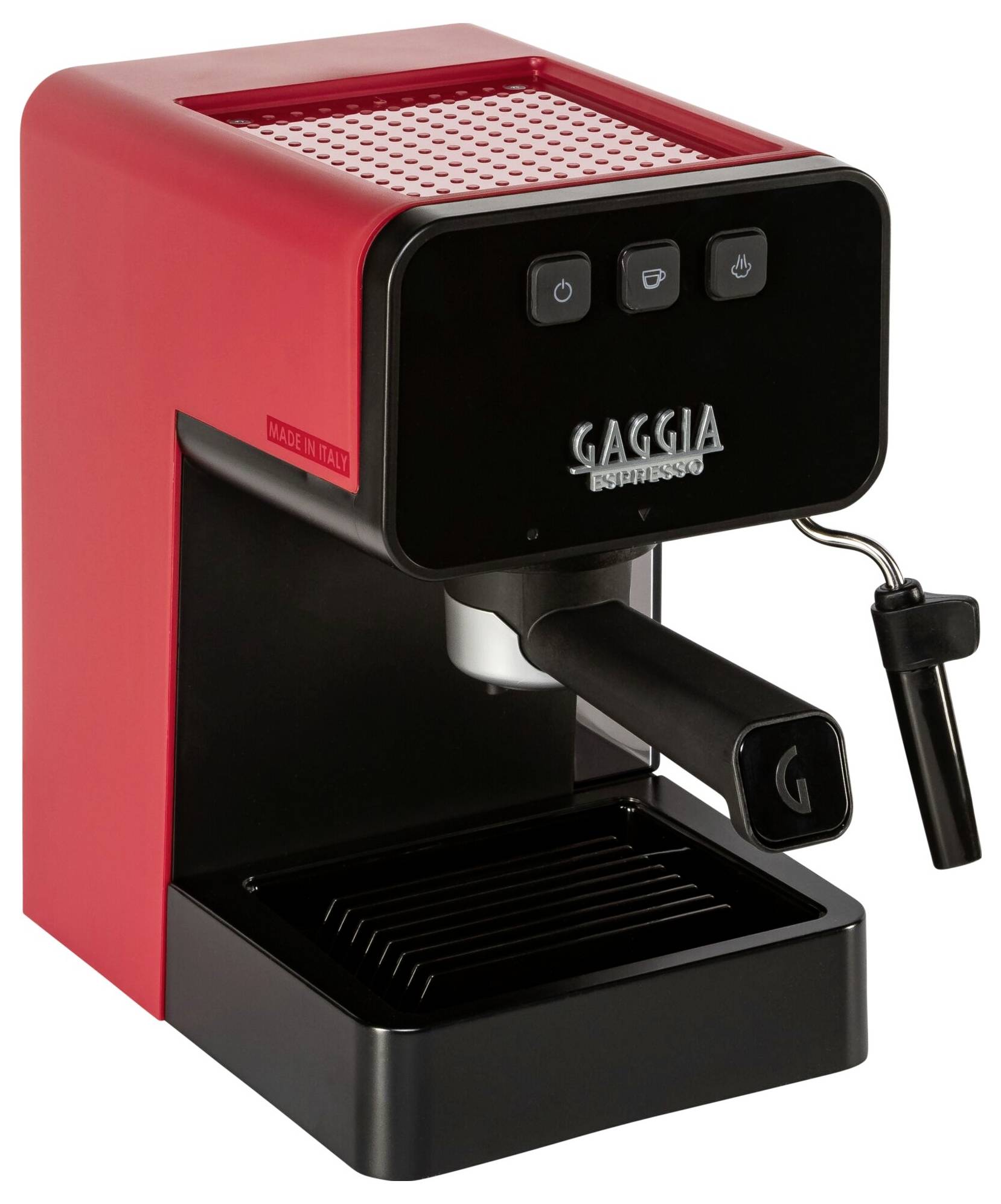 Červený espresso přístroj s černou přední stranou a parní tryskou. Na přední straně jsou tři ovládací tlačítka.