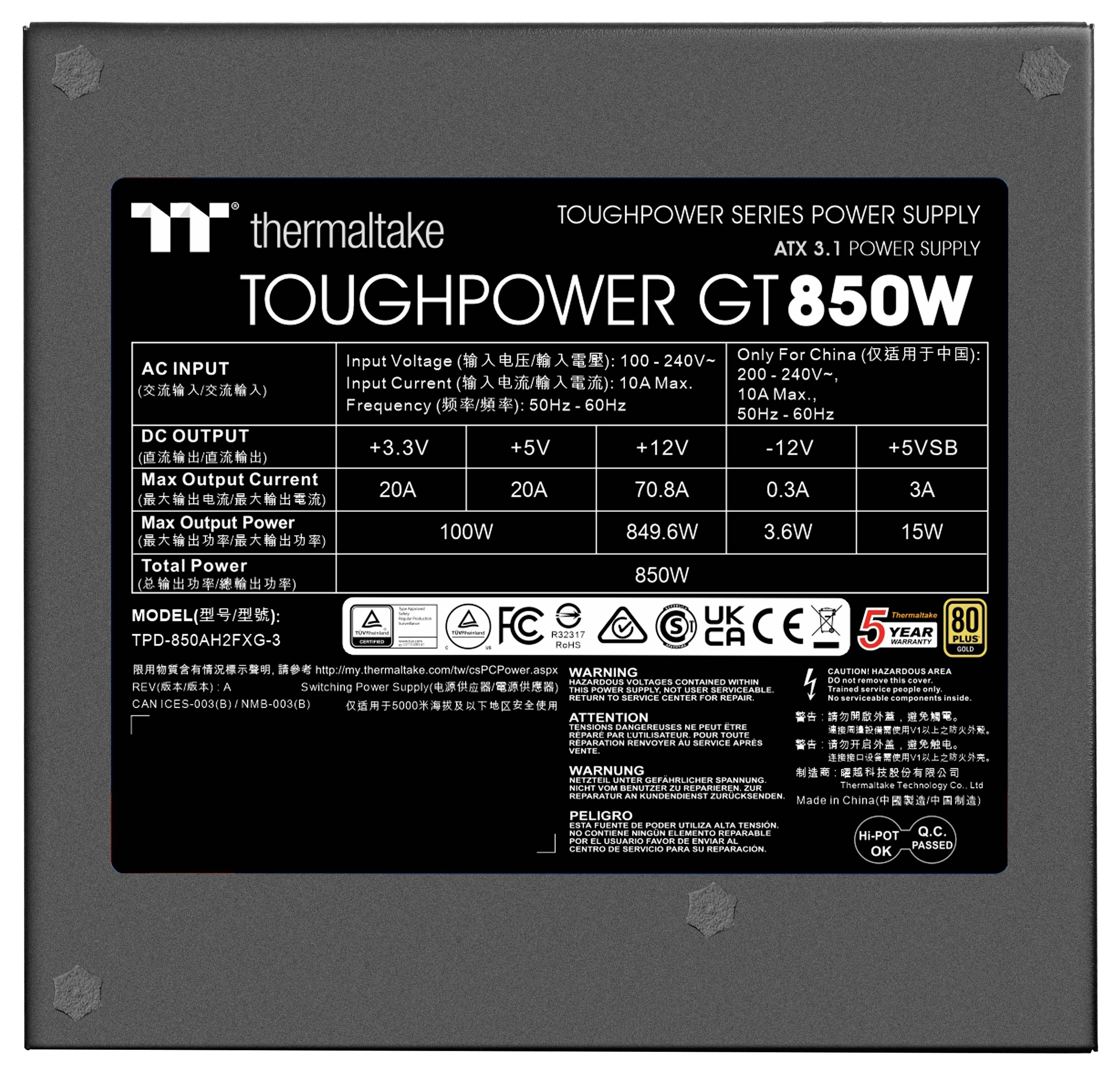 Napájecí zdroj Thermaltake Toughpower GT850W. Vstupní a výstupní parametry: AC 100-240V, DC +3,3V, +5V, +12V, -12V, +5VSB.