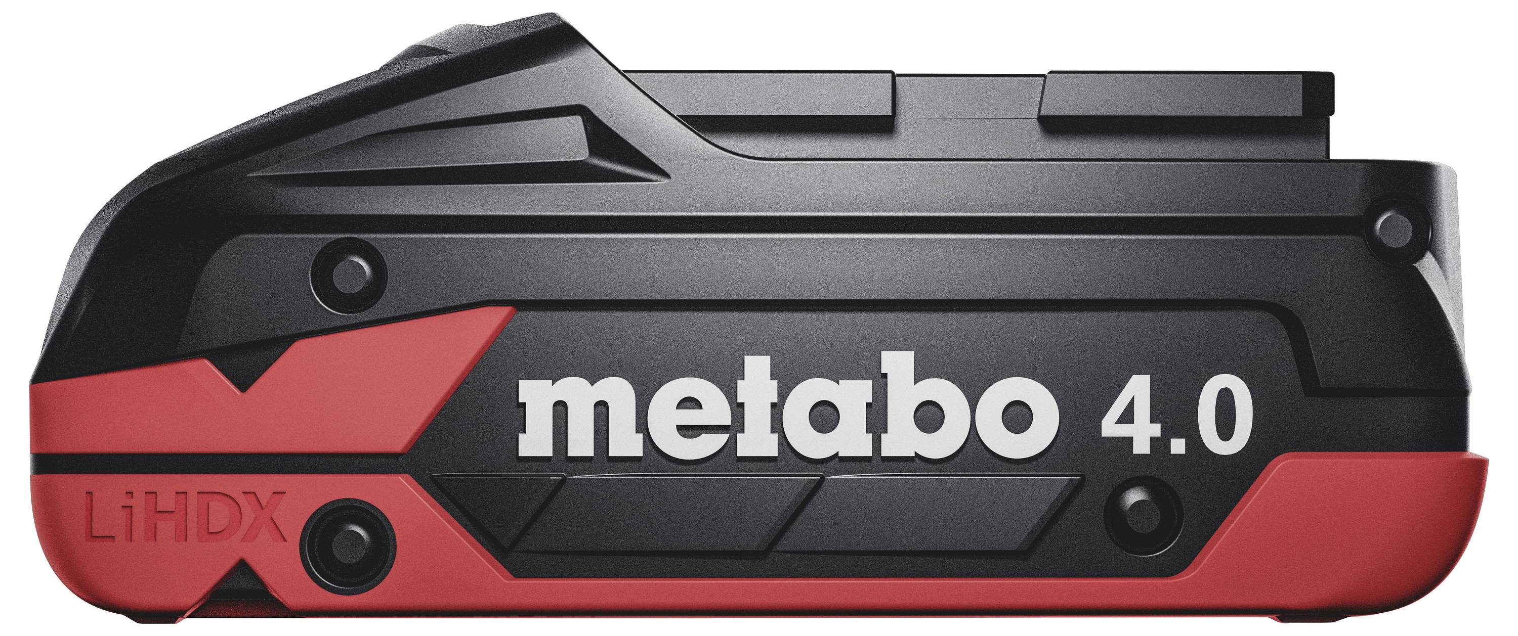 Akumulátor Metabo LiHD 4.0, černočervený, boční pohled. Ideální pro bezdrátové nástroje, nabízí vysoký výkon a dlouhou provozní dobu.