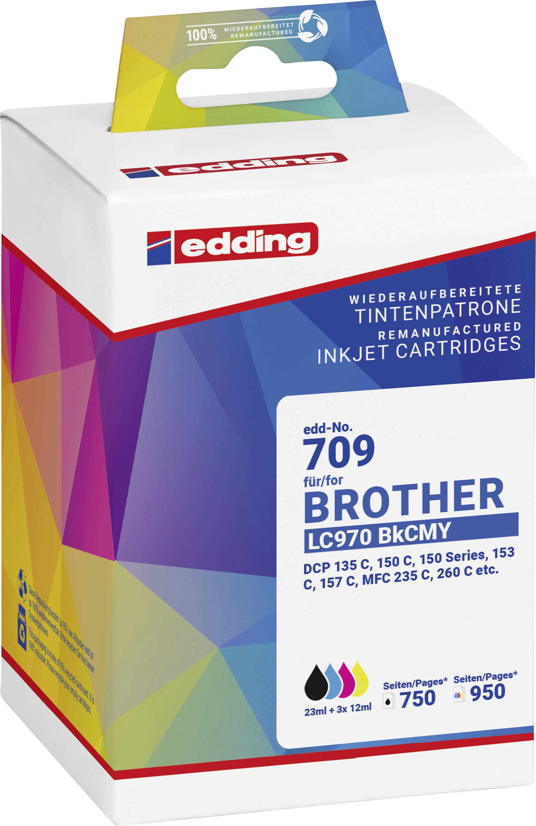 Balení renovovaných inkoustových kazet Edding, kompatibilní s tiskárnami Brother model LC970. Obsahuje barvy černá, azurová, purpurová, žlutá.