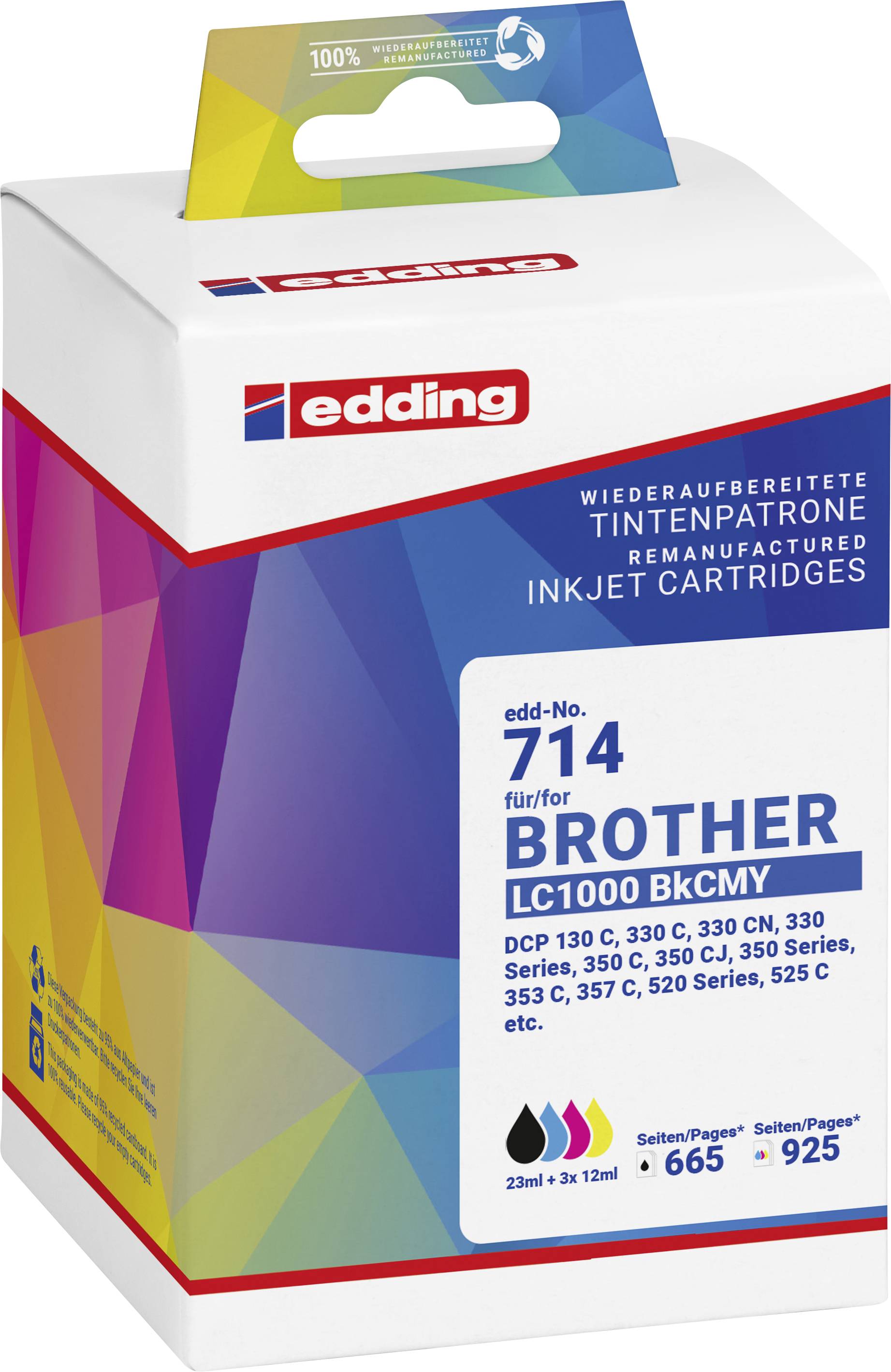 Znovu plněná inkoustová kazeta Edding 714 pro tiskárny Brother, modely: DCP 130-395, MFC 230-440, náhrada za LC1000 BKcMY. 23 ml.