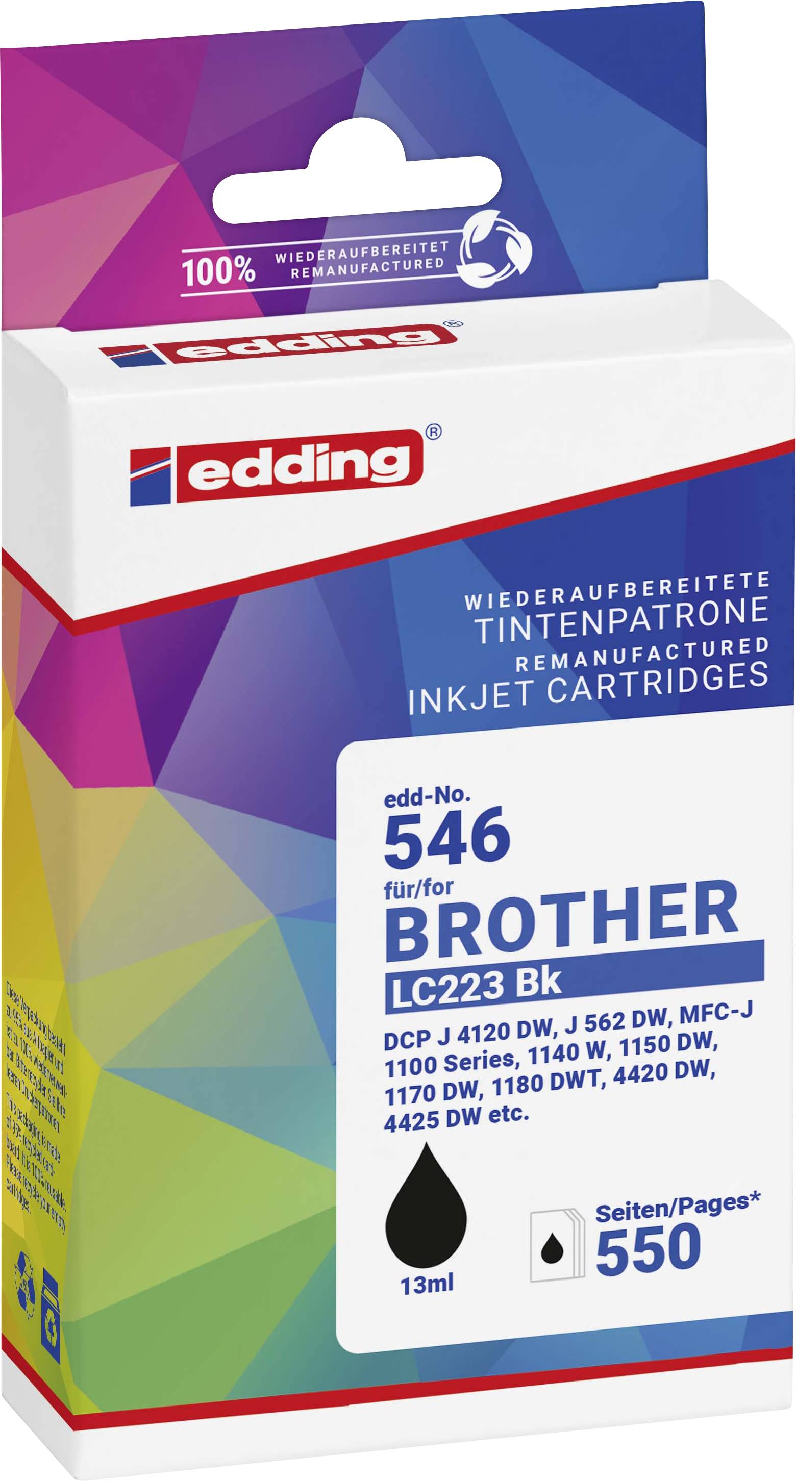 Balení recyklovaných inkoustových kazet Edding, kompatibilní s Brother LC223 Bk, 13ml, postačí na 550 stran.