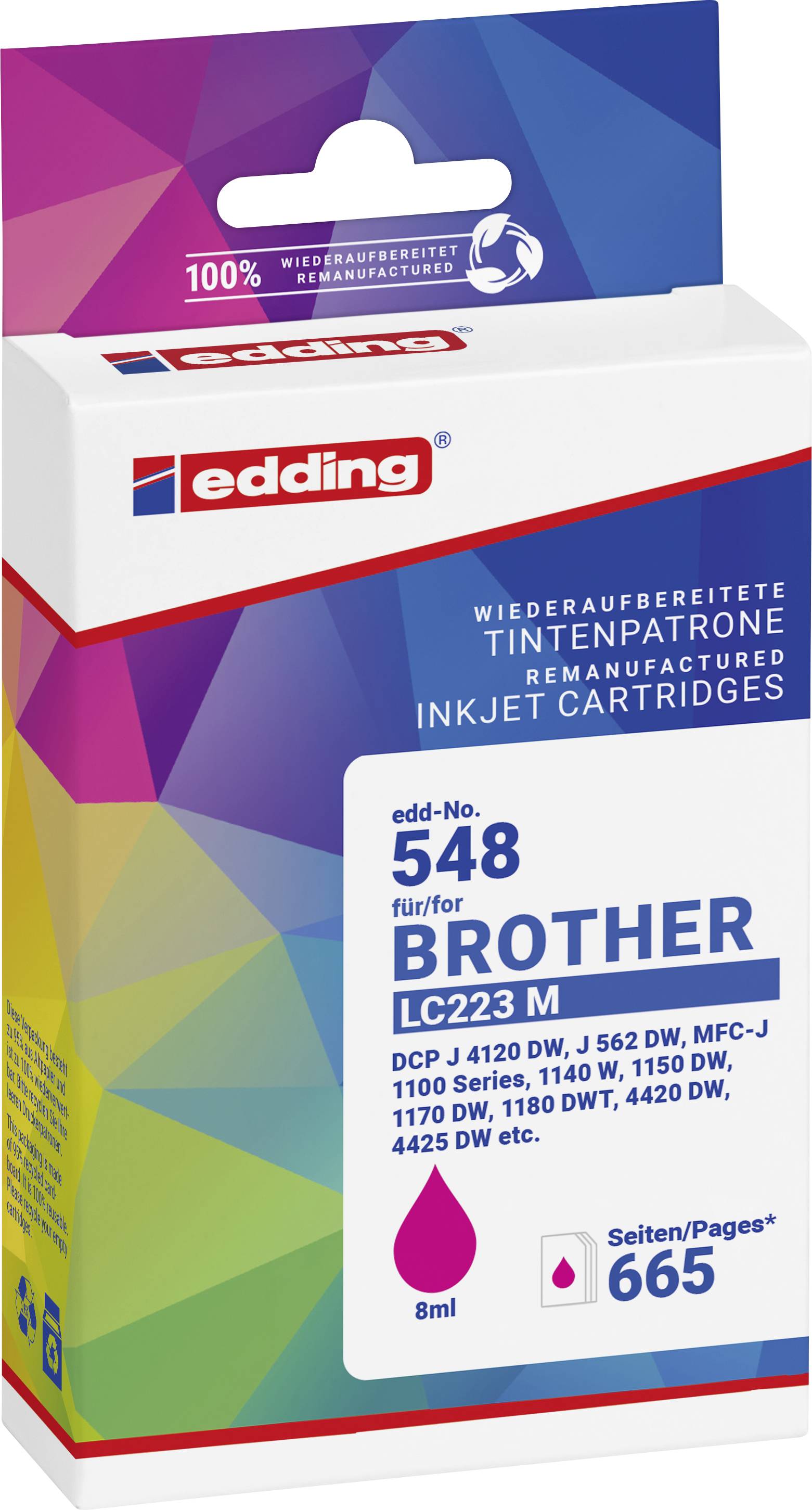 Balení renovované inkoustové kazety edding v purpurové barvě, kompatibilní s Brother LC223 M, 8 ml, pro cca 665 stran.