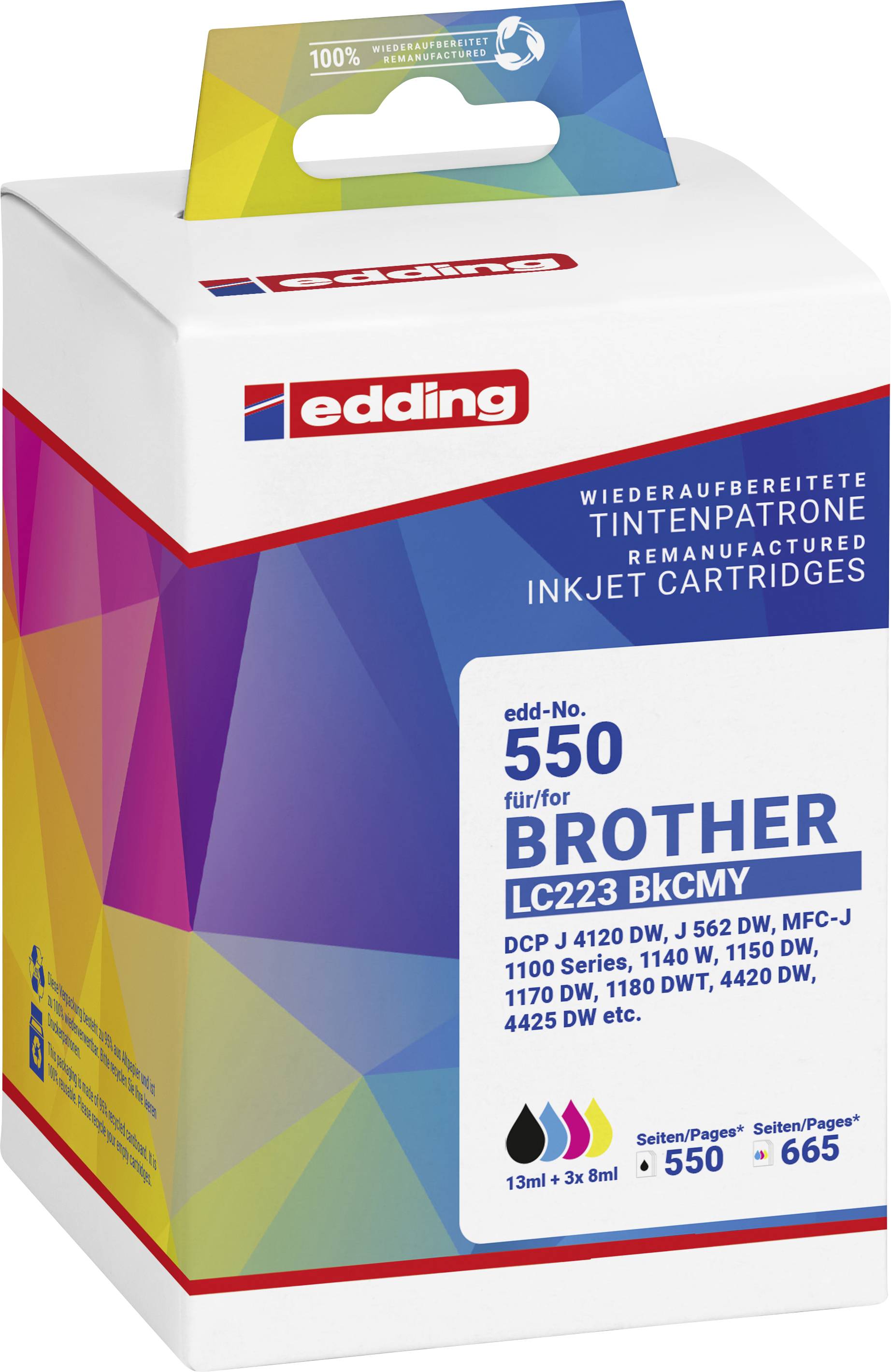 Balení inkoustové kazety edding, model 550 pro tiskárny BROTHER, obsahující azurovou, purpurovou a žlutou barvu. Kompatibilní se sériemi DCP a MFC.