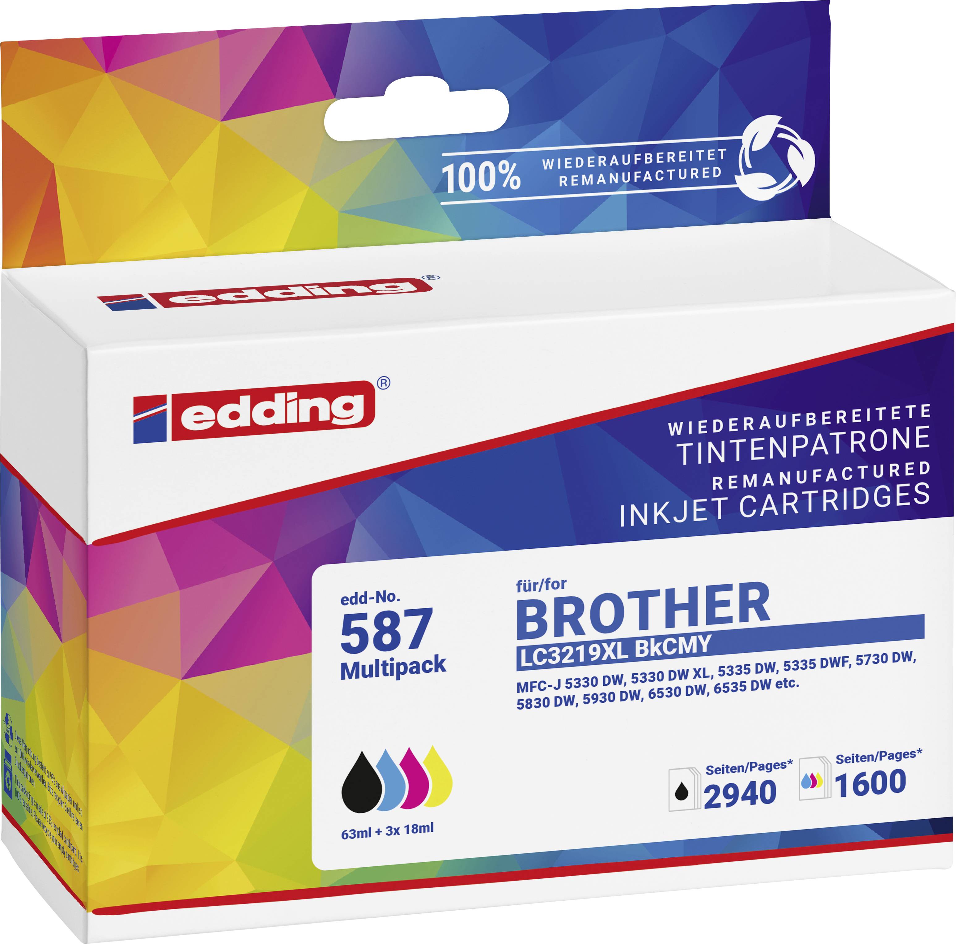 Multipack 587 inkoustových kazet od edding, kompatibilní s tiskárnami Brother. Obsahuje černou, azurovou, purpurovou a žlutou barvu. Kapacita 2940 stran.