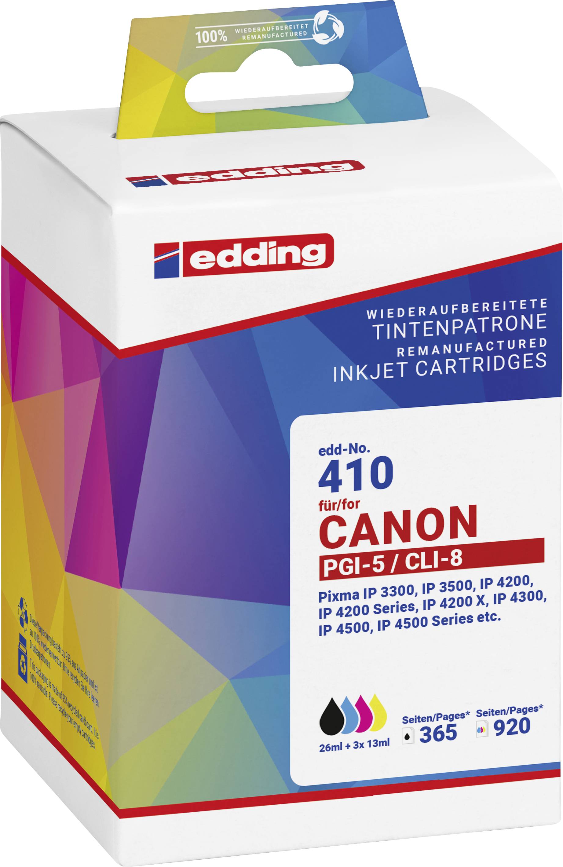 Balení renovované inkoustové kazety značky Edding pro tiskárny Canon, model PGI-5/CLI-8, s barevným kódováním.