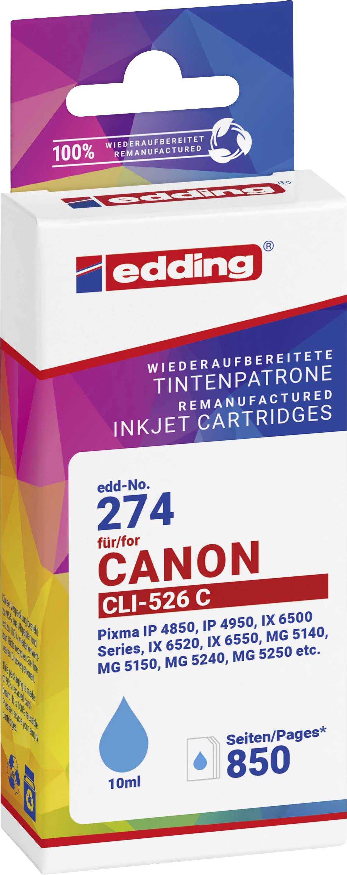 Inkoustová cartridge pro tiskárny Canon, edding 274, barva azurová, 850 stran, 10 ml. Kompatibilní se sériemi Pixma IP a MG.