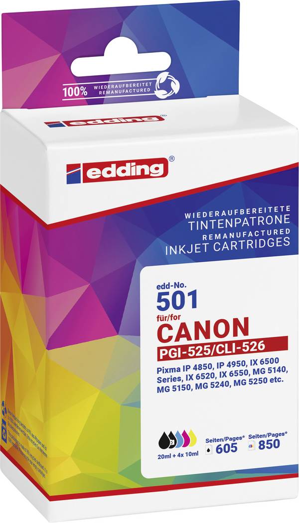 Edding Ink náhradní Canon PGI-525+CLI-526 kompatibilní kombinované balení černá, černá, azurová, purppurová, žlutá EDD-501 18-501-01