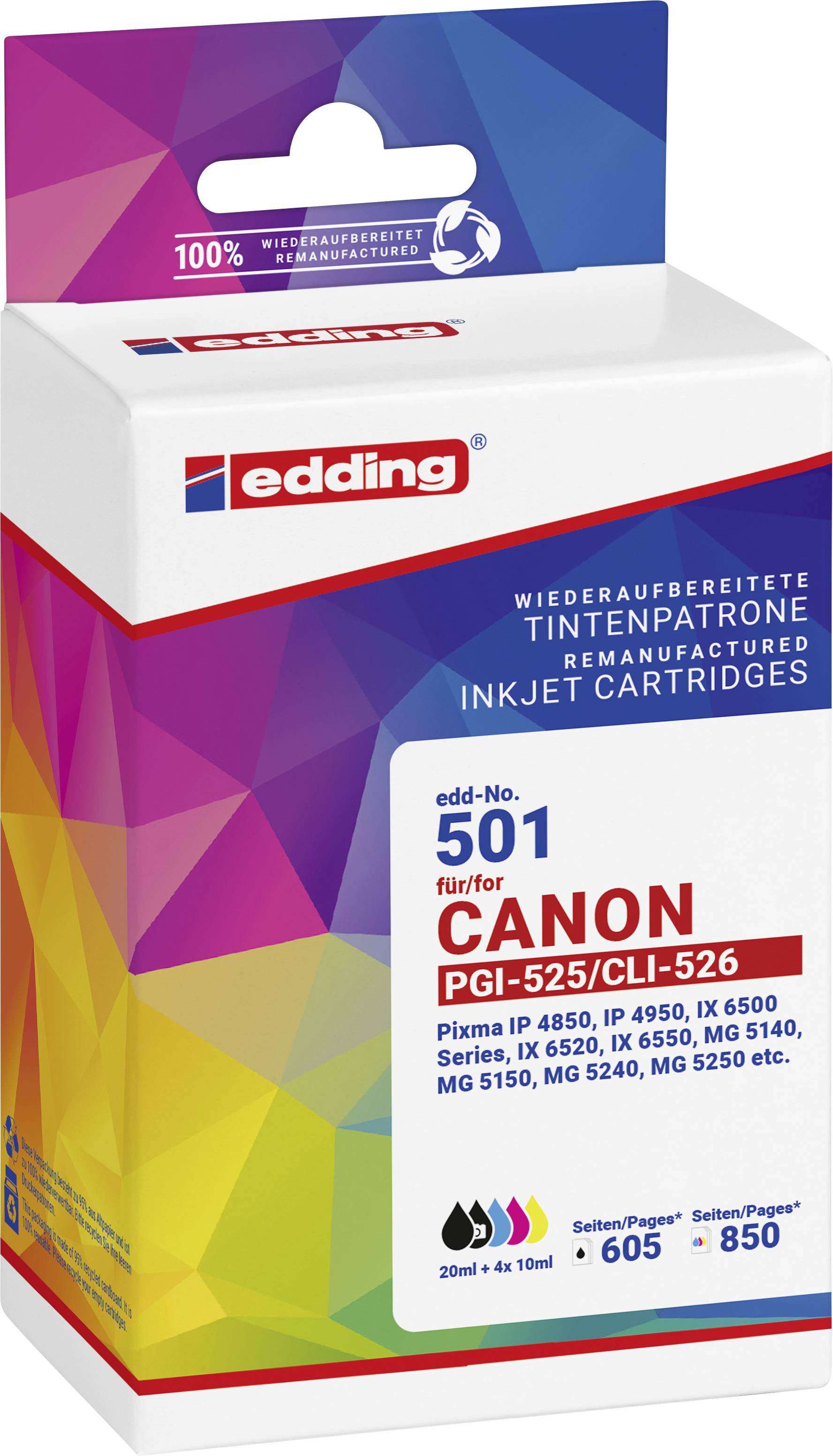 Balení obnovených inkoustových cartridgí Edding, kompatibilních s Canon PGI-525/CLI-526, zobrazující číslo modelu a barvy.