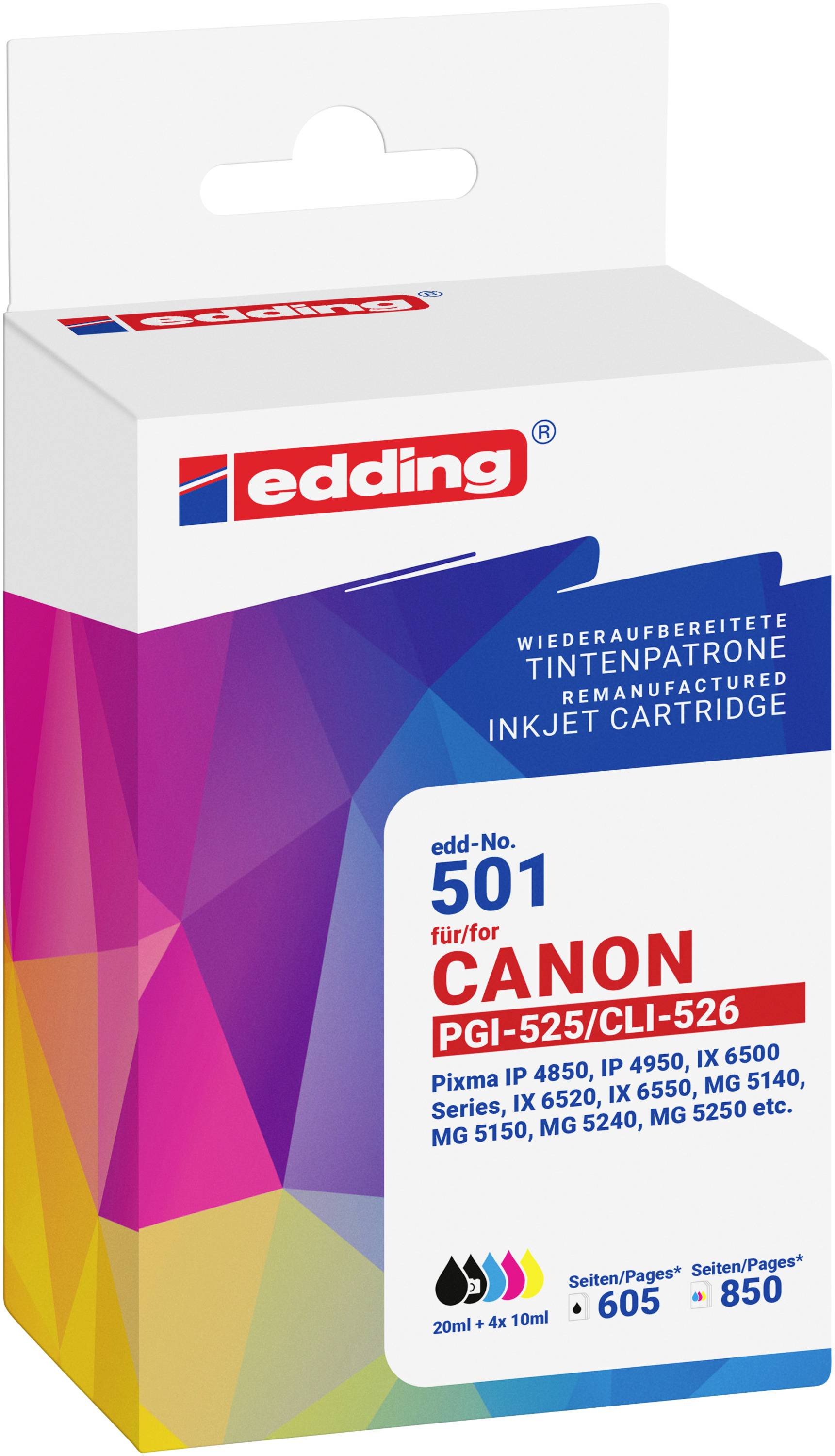 Edding Ink náhradní Canon PGI-525+CLI-526 MP kompatibilní kombinované balení černá, černá, azurová, purppurová, žlutá ED-0