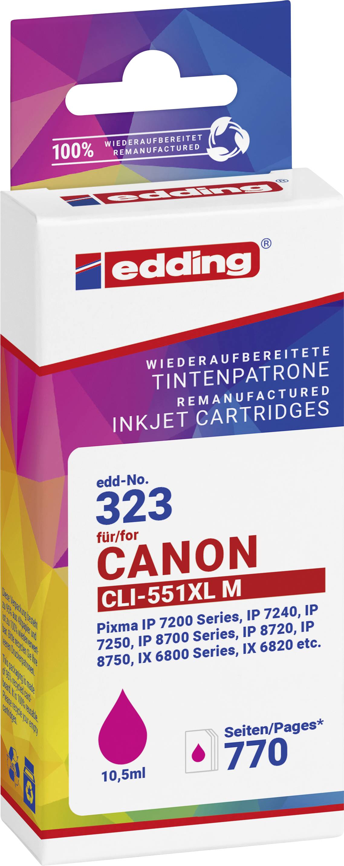 Inkoustová cartridge pro tiskárny Canon, modelové číslo C-551XL M, 10,5 ml, výtěžnost 770 stran, kompatibilní s různými modely Pixma.