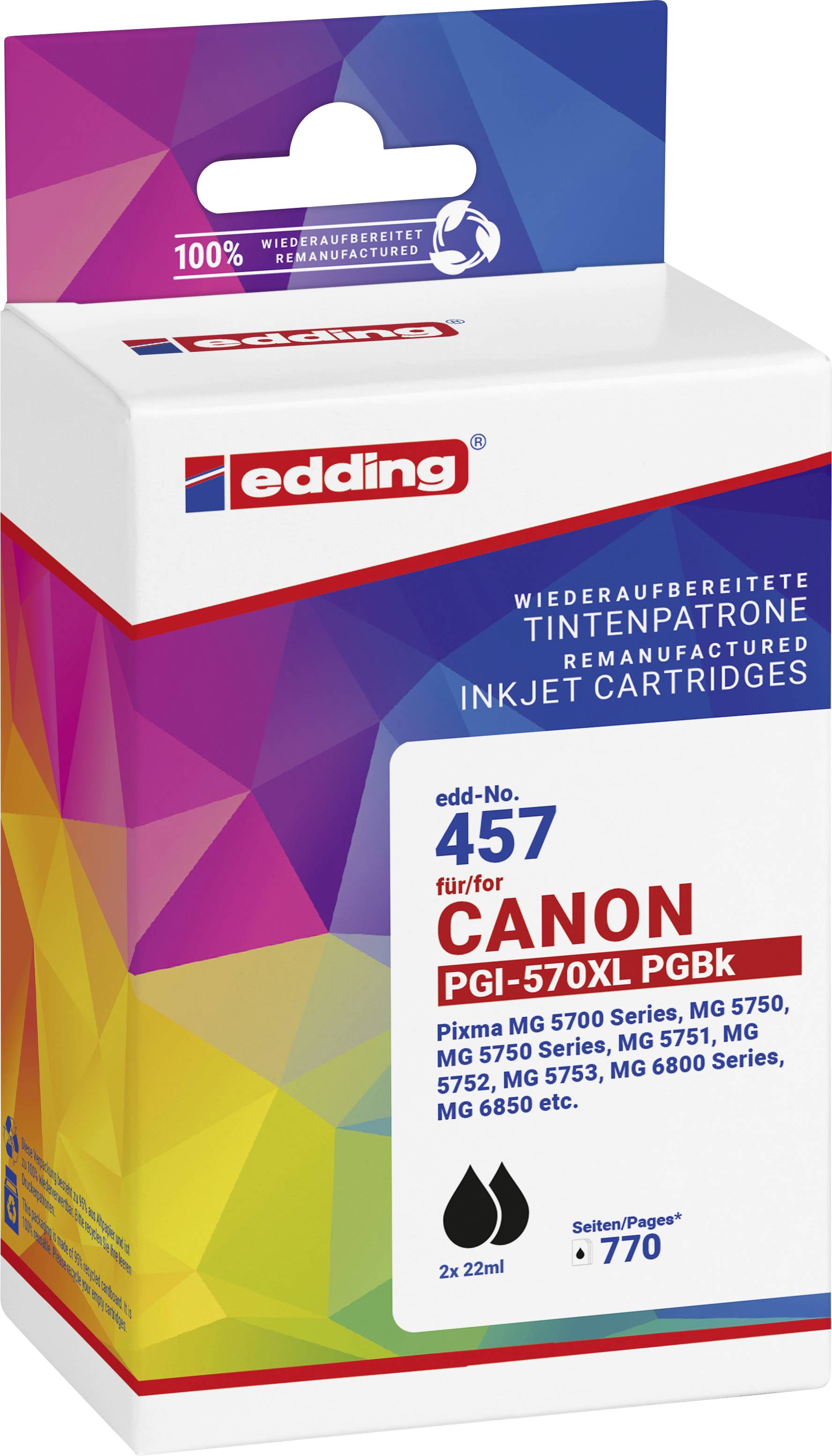 Doplnitelná inkoustová cartridge Edding, model 457, kompatibilní s tiskárnami Canon Pixma MG a MGX řady, 2x22 ml.