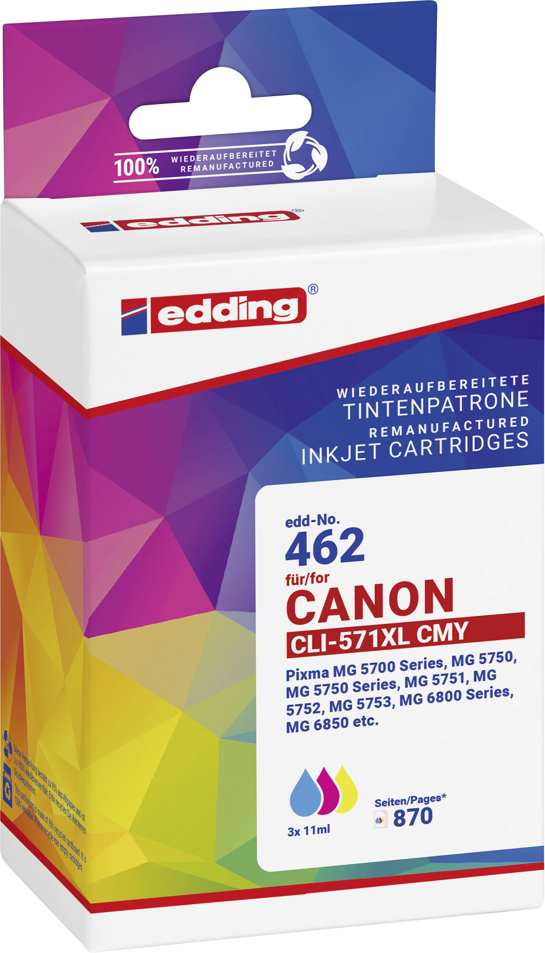 Grafika obalu inkoustové cartridge značky edding pro tiskárny Canon, model 462 CLI-571XL CMY, s kapacitou 870 stran.