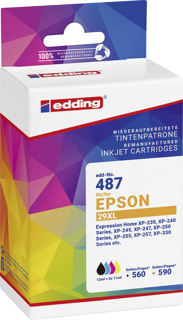 Edding Ink náhradní Epson T2996, T2991, T2992, T2993, T2994, 29XL kompatibilní kombinované balení černá, azurová, purppurová, žlutá EDD-487 18-487-01