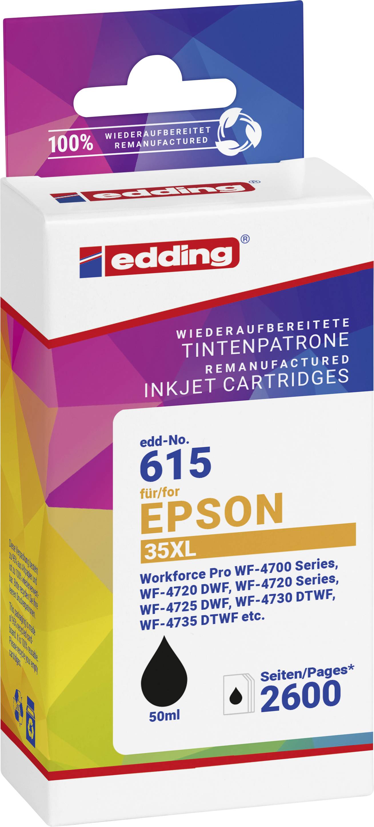 Obnovená inkoustová kazeta Edding, č. výrobku 615, pro tiskárny Epson 35XL, 50 ml, 2600 stran, kompatibilní s různými modely Workforce Pro.