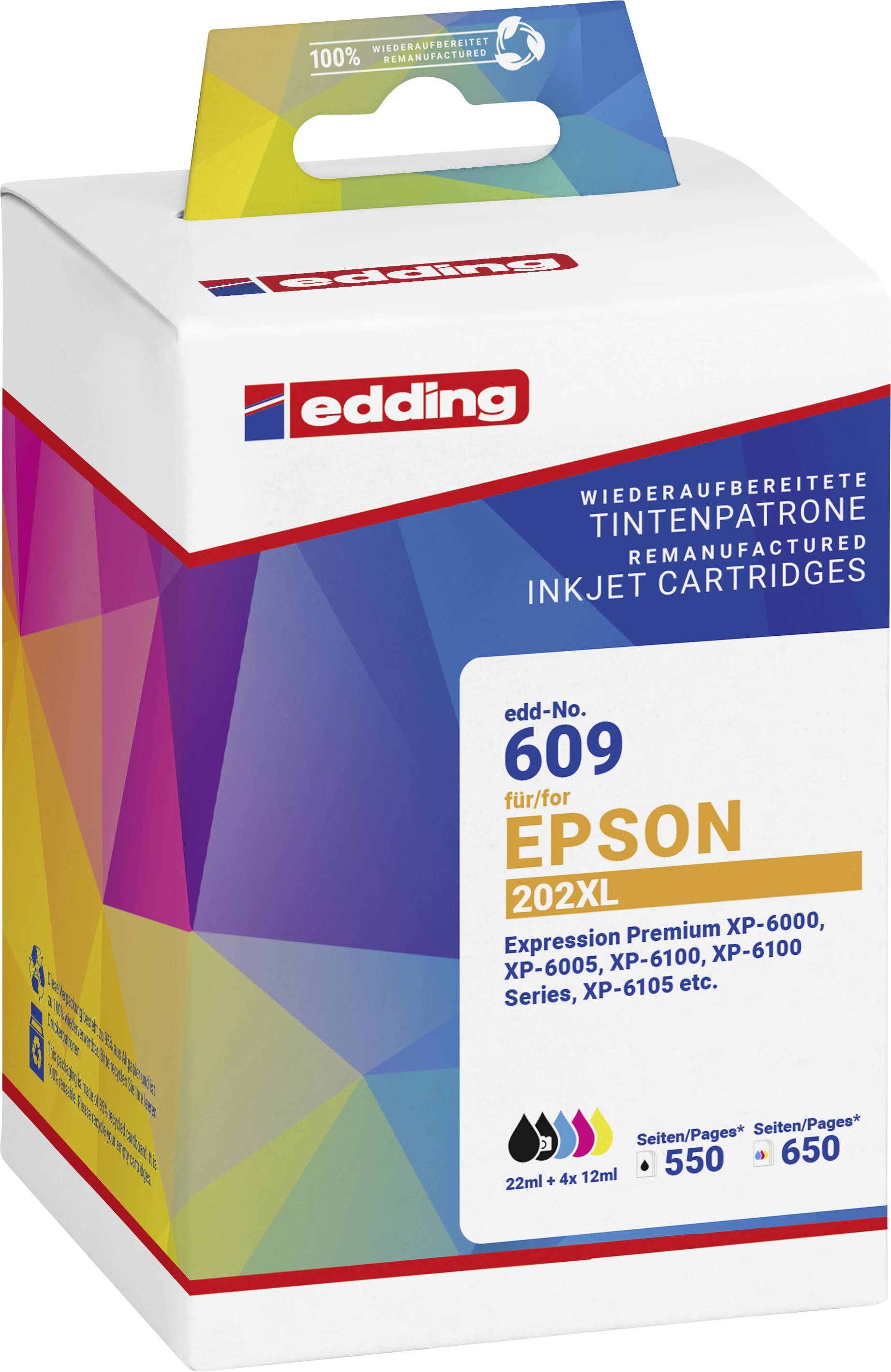 Inkoustová kazeta Edding 609 pro Epson 202XL, kompatibilní s tiskárnami Expression Premium XP-6000, XP-6005, XP-6100, XP-6105. 22 ml + 6 x 12 ml. Tisk/stránky: 550, 650.
