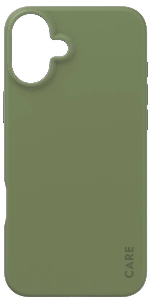 Zelený mobilní kryt s otvorem pro kameru a nápisem 'CARE' v dolní části.