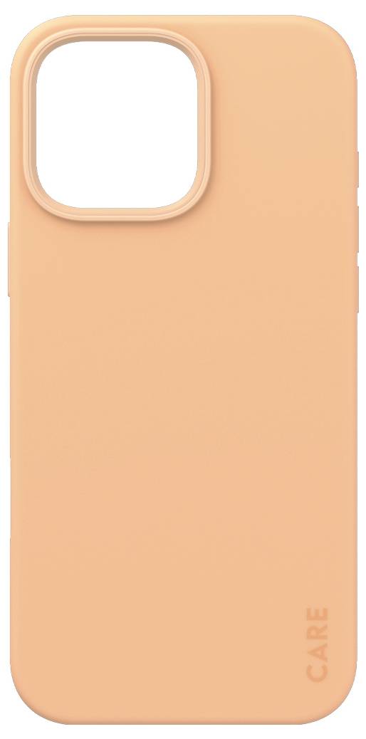 Oranžový obal na mobil s jednoduchým designem, na zadní straně nápis 'CARE' v dolním rohu.