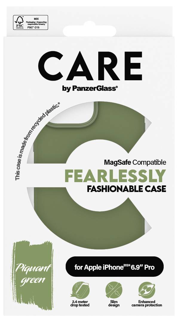Ochranný kryt 'CARE' od PanzerGlass pro iPhone 6,9" Pro, kompatibilní s MagSafe, v barvě pikantní zelená, s vylepšenou ochranou kamery, odolný pádu z výšky 2,4 m.