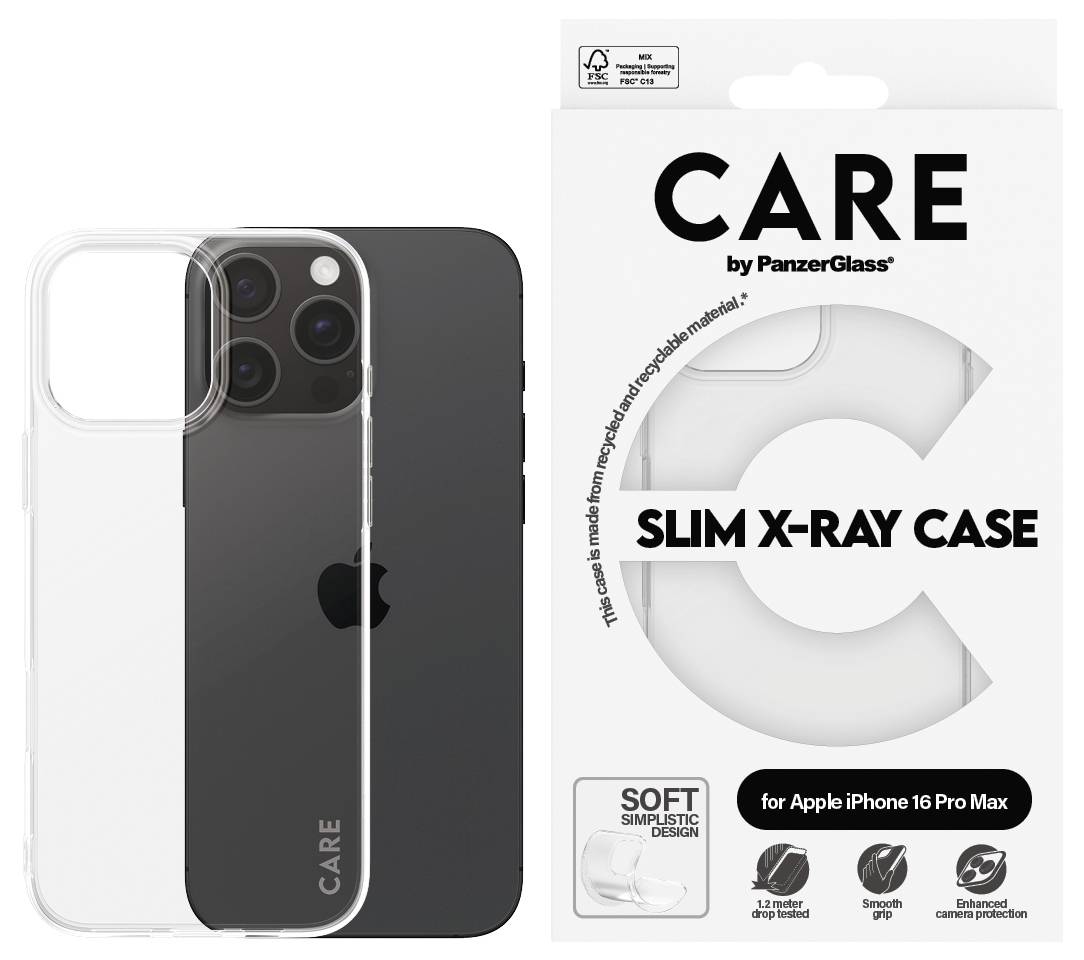 Průhledný kryt na mobil vedle obalu iPhone 16 Pro s textem 'SLIM X-RAY CASE'. Optimální ochrana, udržitelný design.