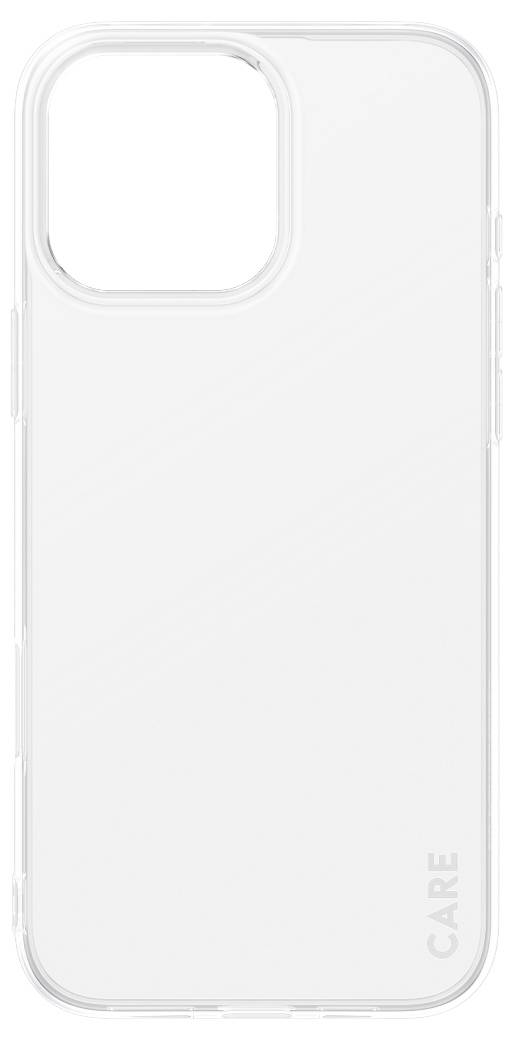 Průhledný mobilní kryt s velkým výřezem pro fotoaparát a nenápadným nápisem 'CARE' v dolní části.