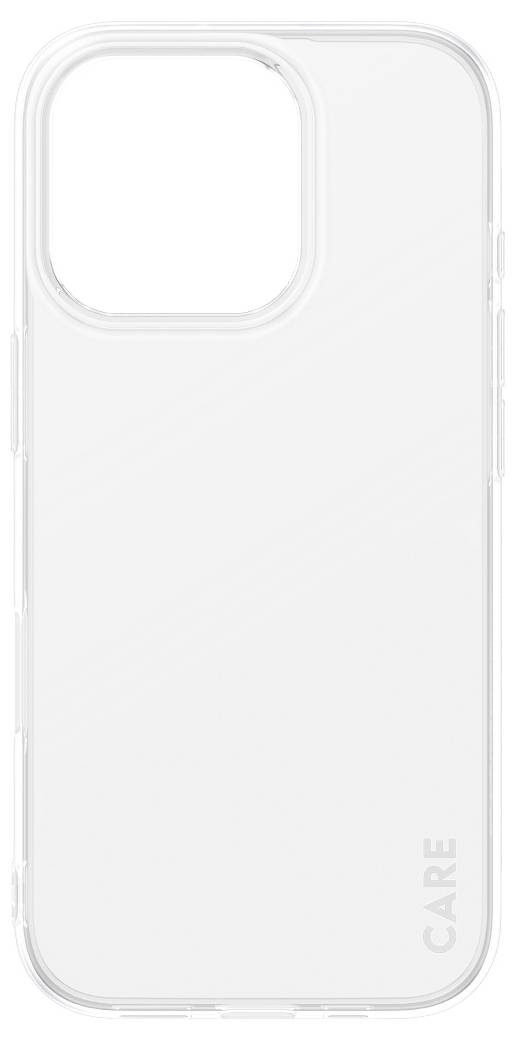 Transparentní kryt na mobilní telefon se zvýšenou ochranou fotoaparátu a nápisem 'CARE' v rohu.