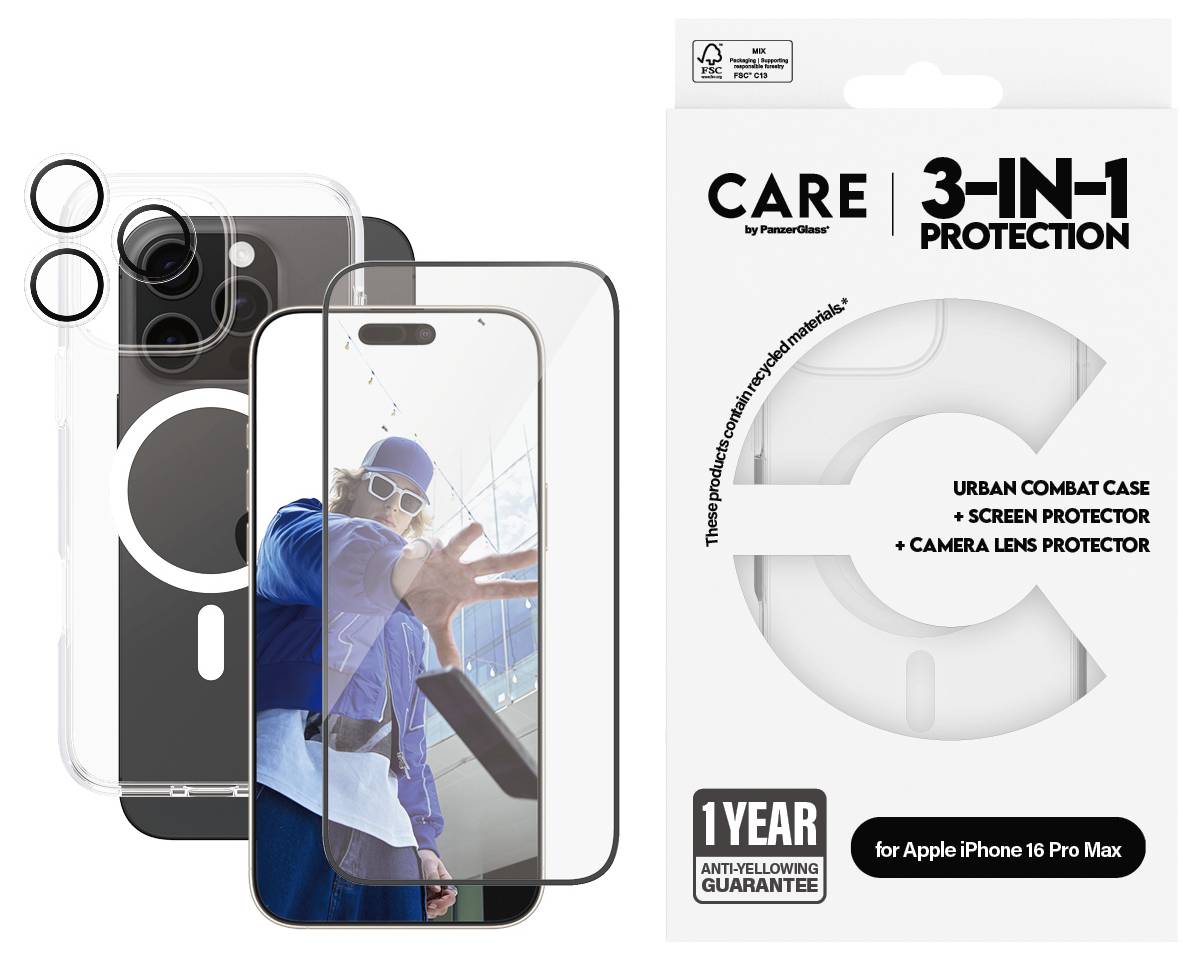 Ochranná sada pro iPhone 16 Pro Max: Obsahuje kryt, ochranné fólie na čočku fotoaparátu a displej. 1 rok záruky.