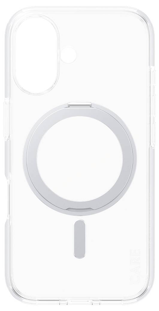 Průhledný mobilní kryt s integrovaným magnetickým kroužkem, kompatibilní s MagSafe, na bílém pozadí.