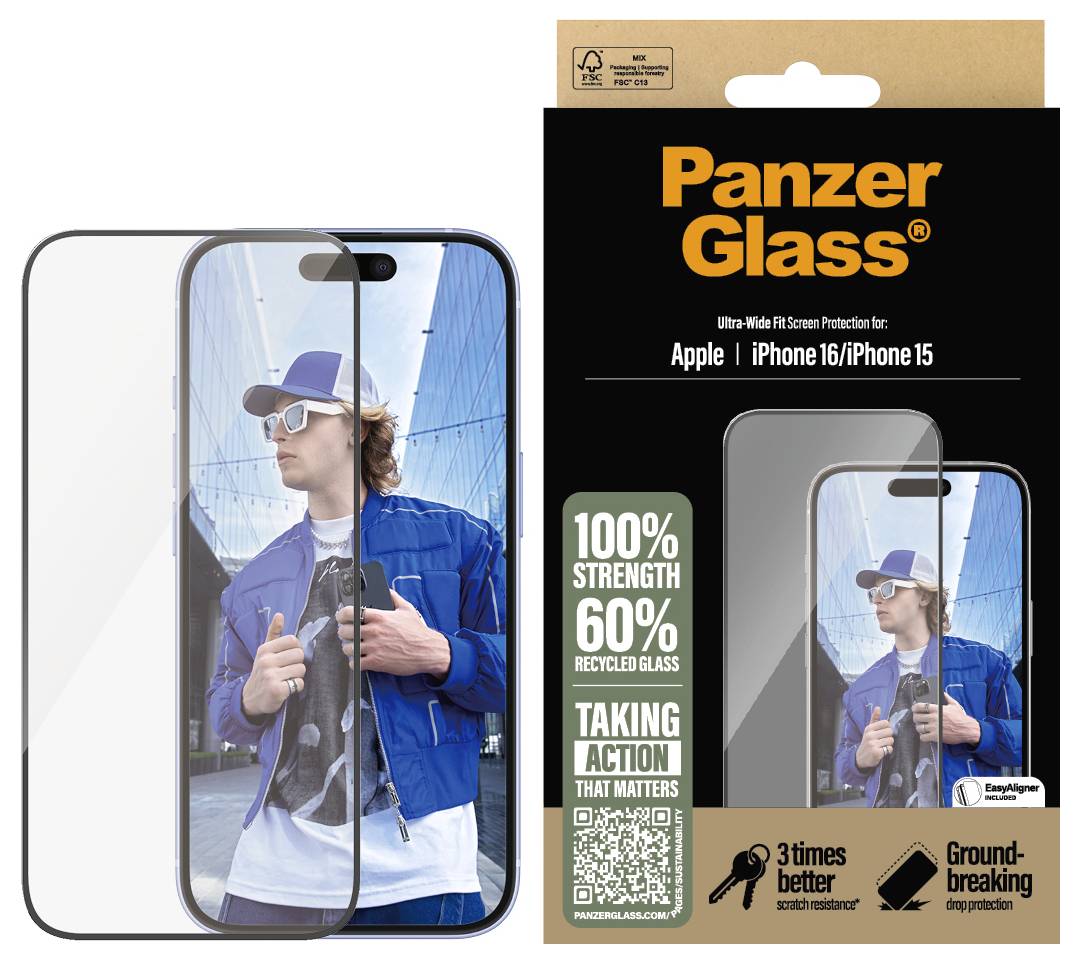 Ochranná fólie pro Apple iPhone 16/15, 100% ochrana, 60% recyklované sklo; balení s obrázkem muže v modré bundě a slunečních brýlích.