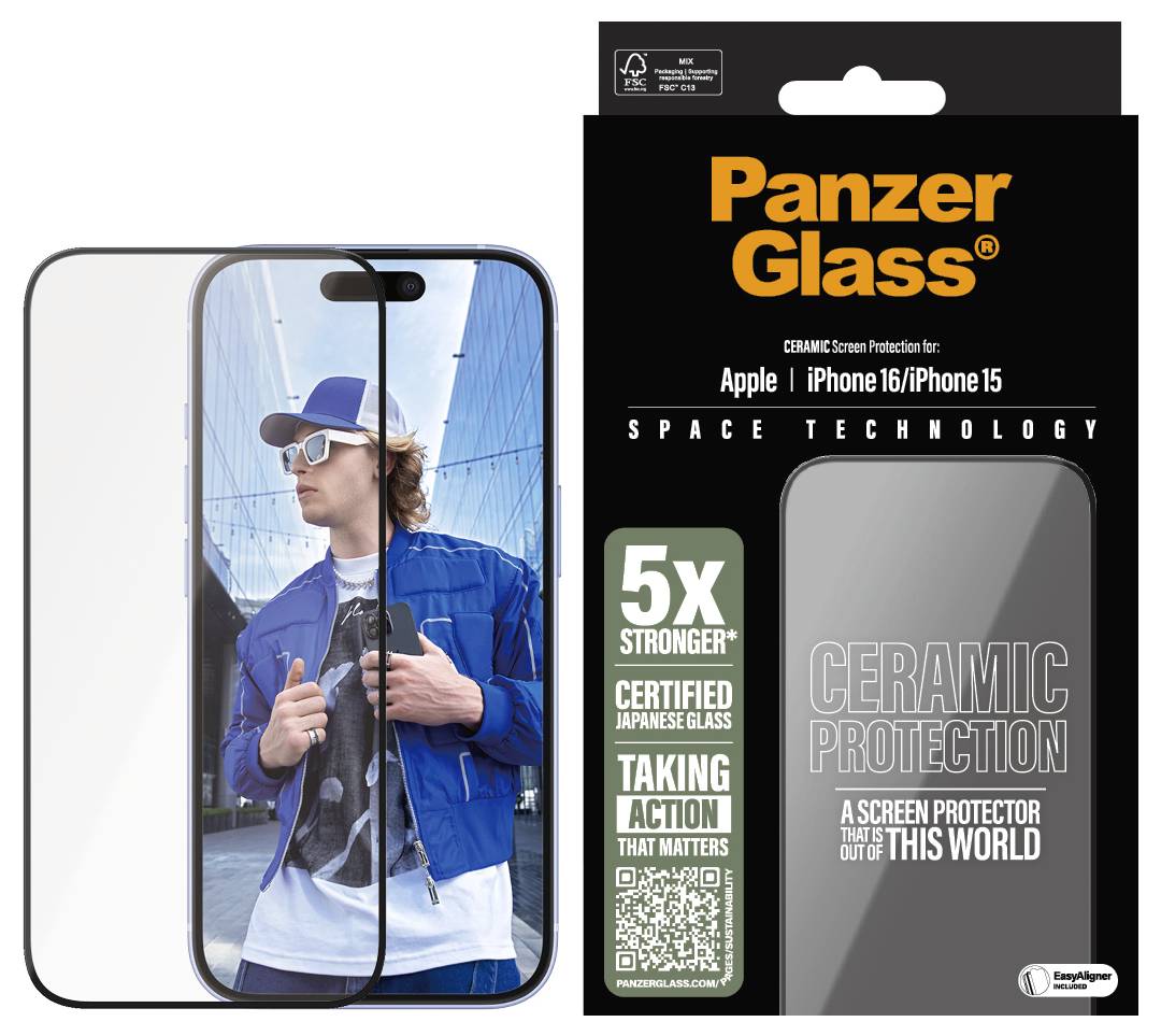 Ochranný kryt displeje pro Apple iPhone 15. Text: '5x silnější, certifikováno, japonské sklo'. Zobrazuje obrázek muže v modrém tričku.