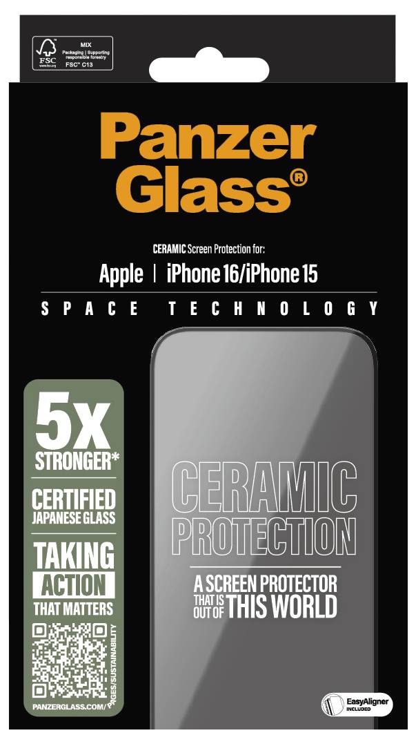 Ochranný obal displeje 'PanzerGlass' pro iPhone 15/16 s keramickou ochranou, který se chlubí '5x vyšší pevností' a 'certifikovanou japonskou kvalitou skla'.