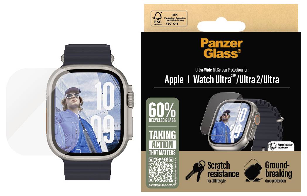 Obrázek ukazuje hodinky s ochranným sklem PanzerGlass pro Apple Watch Ultra, vyrobeným z 60% recyklovaného skla. Balení zdůrazňuje odolnost proti poškrábání.