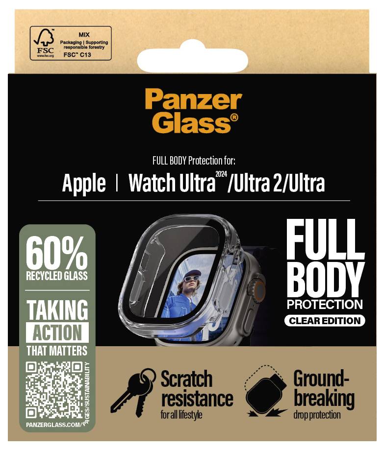 'PanzerGlass Plná ochrana pro Apple Watch Ultra 2024. 60% recyklovaného skla. Odolné proti škrábancům, trvanlivé, průlomový design.'