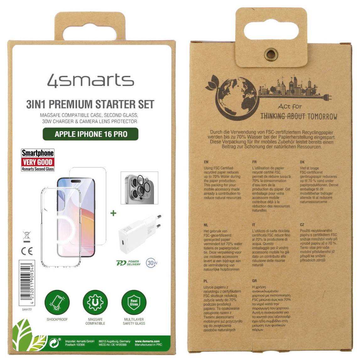 Startovní sada 4smarts 3v1 Premium pro iPhone 16 Pro: Pouzdro kompatibilní s MagSafe, ochranné sklo, 30W nabíječ. Balení z recyklovaného materiálu.