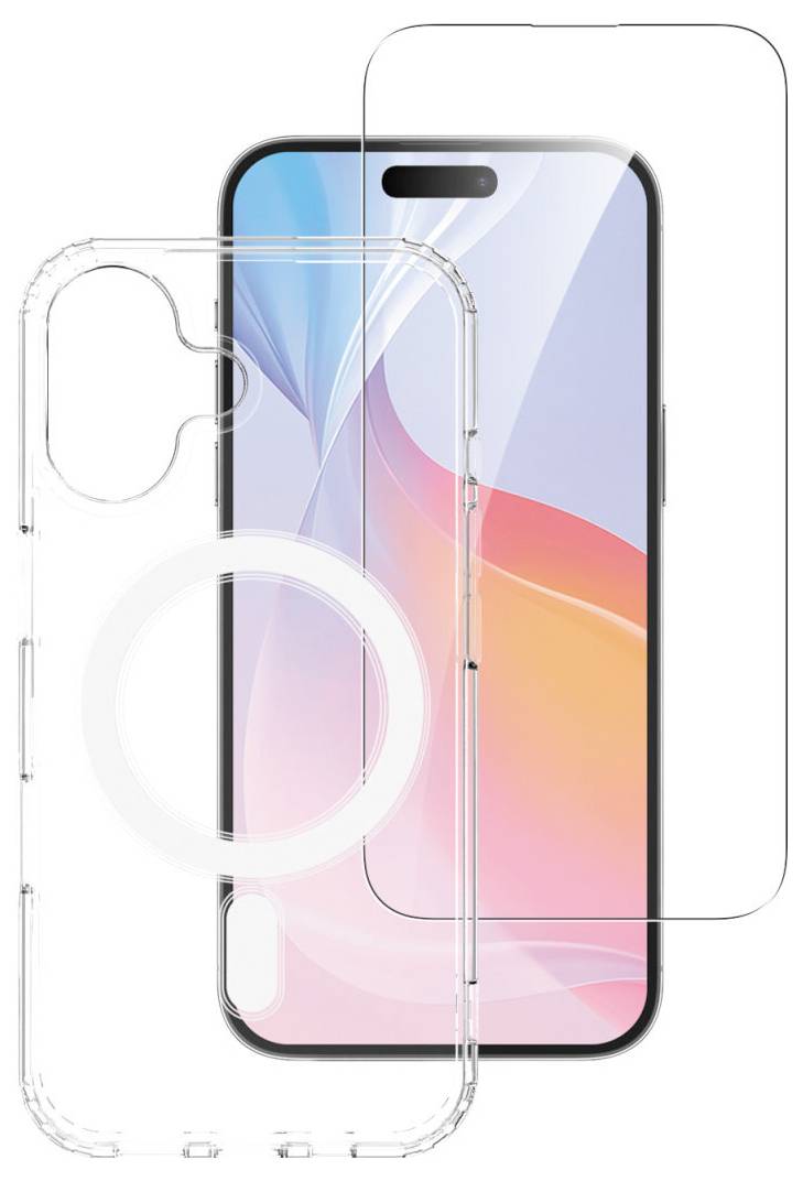 Smartphone s barevnou grafickou obrazovkou, průhledným ochranným pouzdrem a ochrannou fólií displeje.