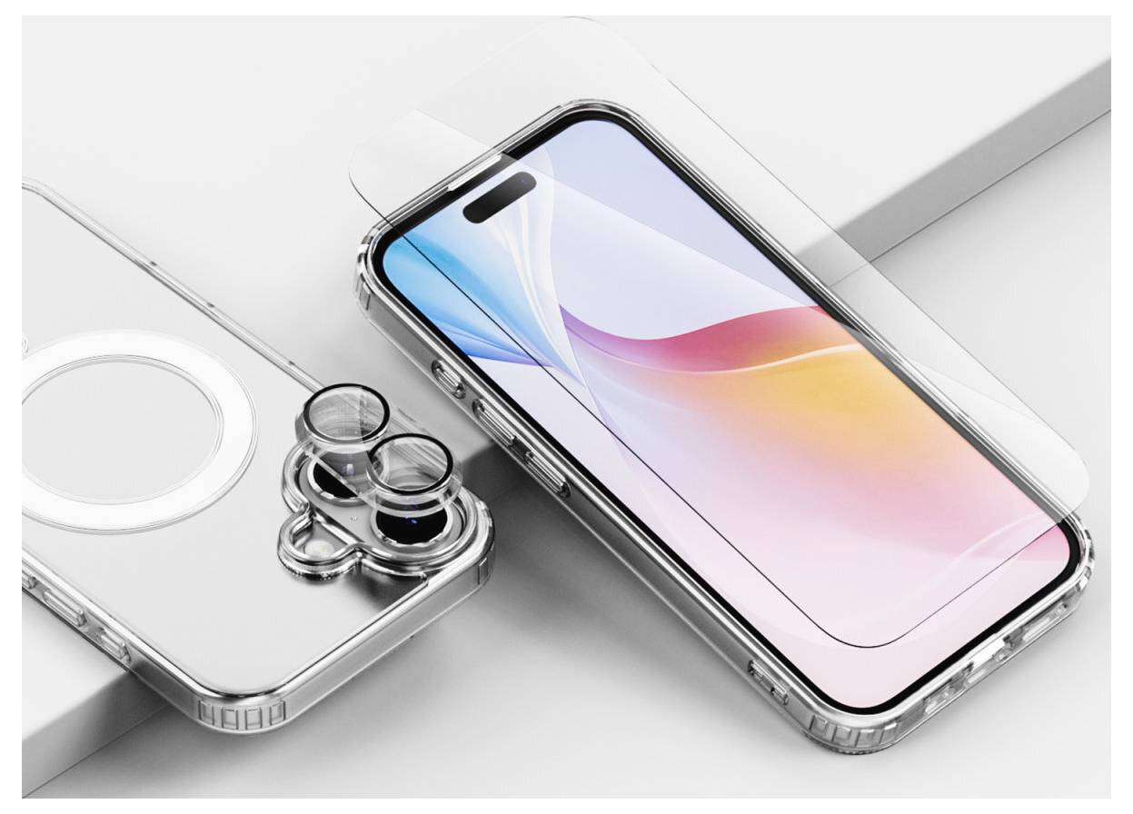 Smartphone s barevným displejem a průhledný ochranný kryt s krytem fotoaparátu leží na bílém povrchu.