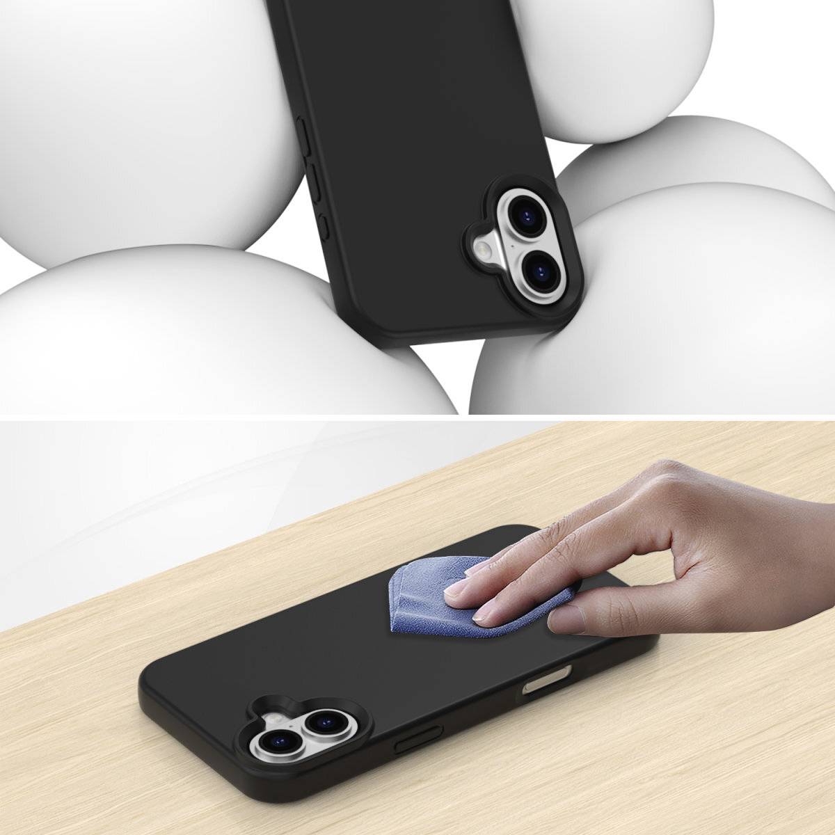 Ruka drží hadřík a čistí černý obal na smartphone, který leží na dřevěném stole. V pozadí jsou viditelné bílé koule.