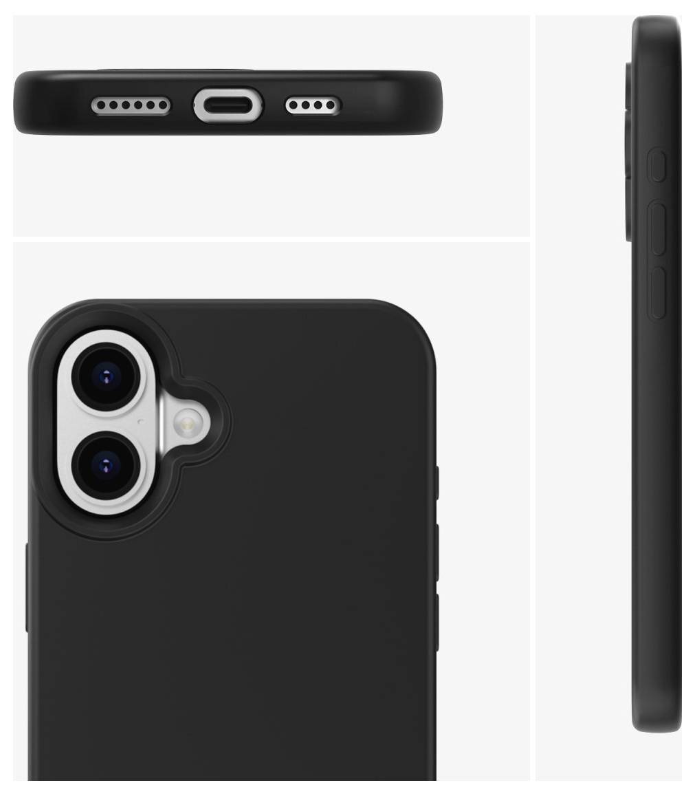 Černý smartphone ve třech pohledech: zadní strana se dvěma fotoaparáty, boční pohled s tlačítky, horní pohled s nabíjecím portem.