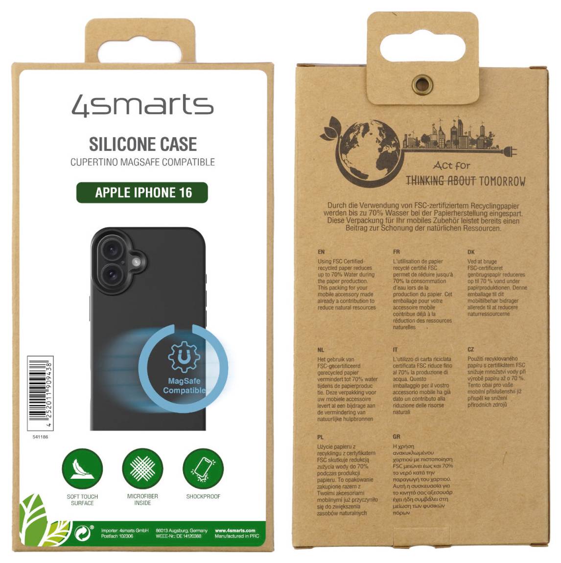 Obal silikonového krytu '4smarts' pro iPhone 16. Kompatibilní s MagSafe, vyrobený z nárazuvzdorných a měkkých recyklovatelných materiálů.