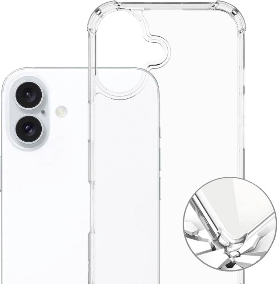 Průhledný, nárazuvzdorný mobilní kryt s výřezem pro objektivy kamery a zesílenými rohy, kompatibilní s daným modelem smartphonu.