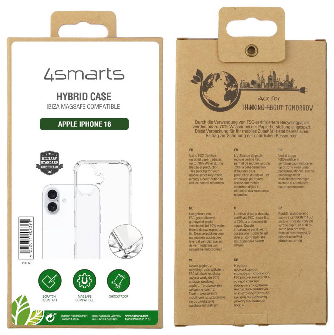 Obal na mobilní telefon 'Hybrid Case' pro Apple iPhone 16, průhledný, ekologický, s ochranou proti pádu. Vyrobeno z recyklovaného papíru certifikovaného FSC.