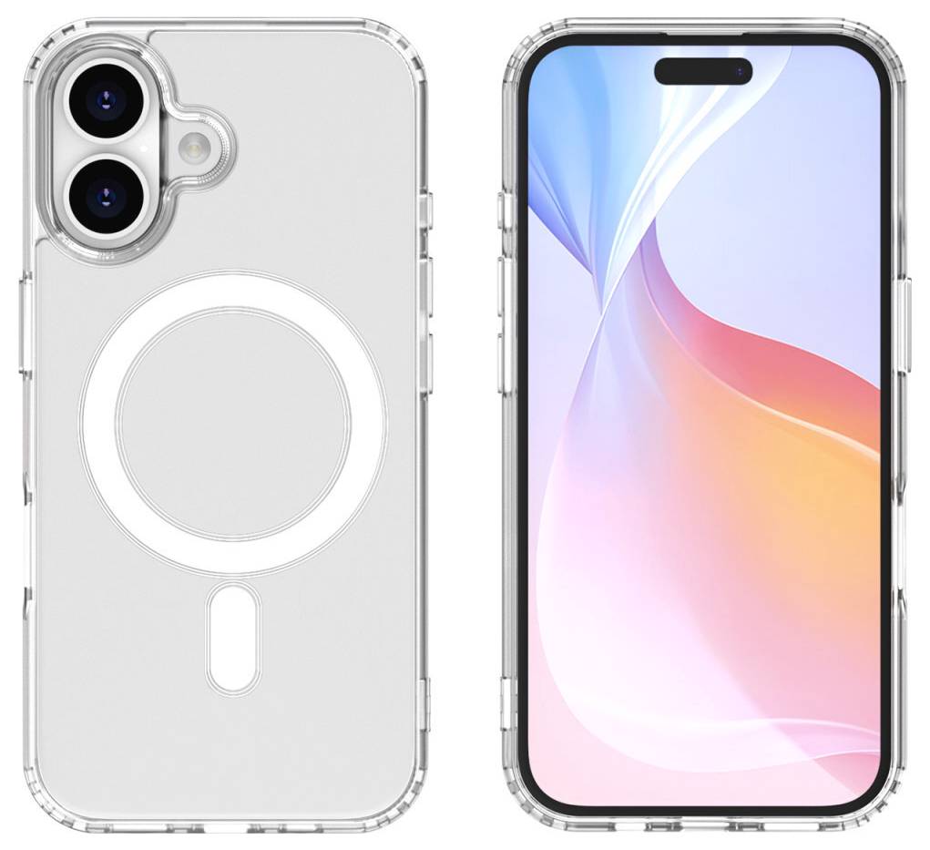 Přední a zadní pohled na moderní smartphone s průhledným ochranným pouzdrem. Displej zobrazuje barevné pozadí.