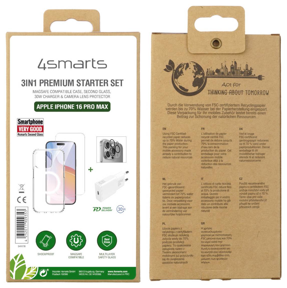 Přední strana ukazuje balení sady '4smarts 3v1 Premium Starter Set' pro iPhone 16 Pro Max včetně obalu, skla a ochrany objektivu fotoaparátu. Zadní strana informuje o materiálech certifikovaných FSC.
