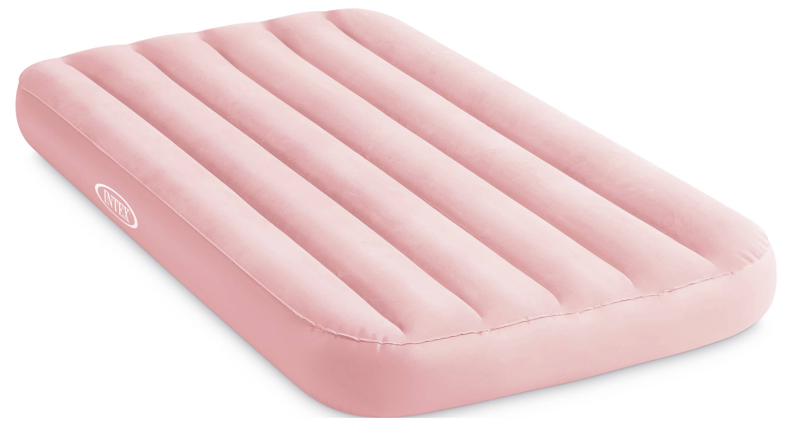 Růžová nafukovací matrace s vroubkovaným designem, vhodná pro použití uvnitř i venku.