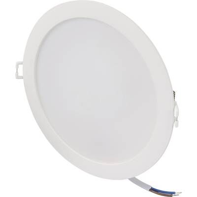 Kulatý, plochý LED stropní reflektor v bílé barvě s viditelnými kabelovými přípojkami po straně, vhodný pro moderní osvětlení místnosti.