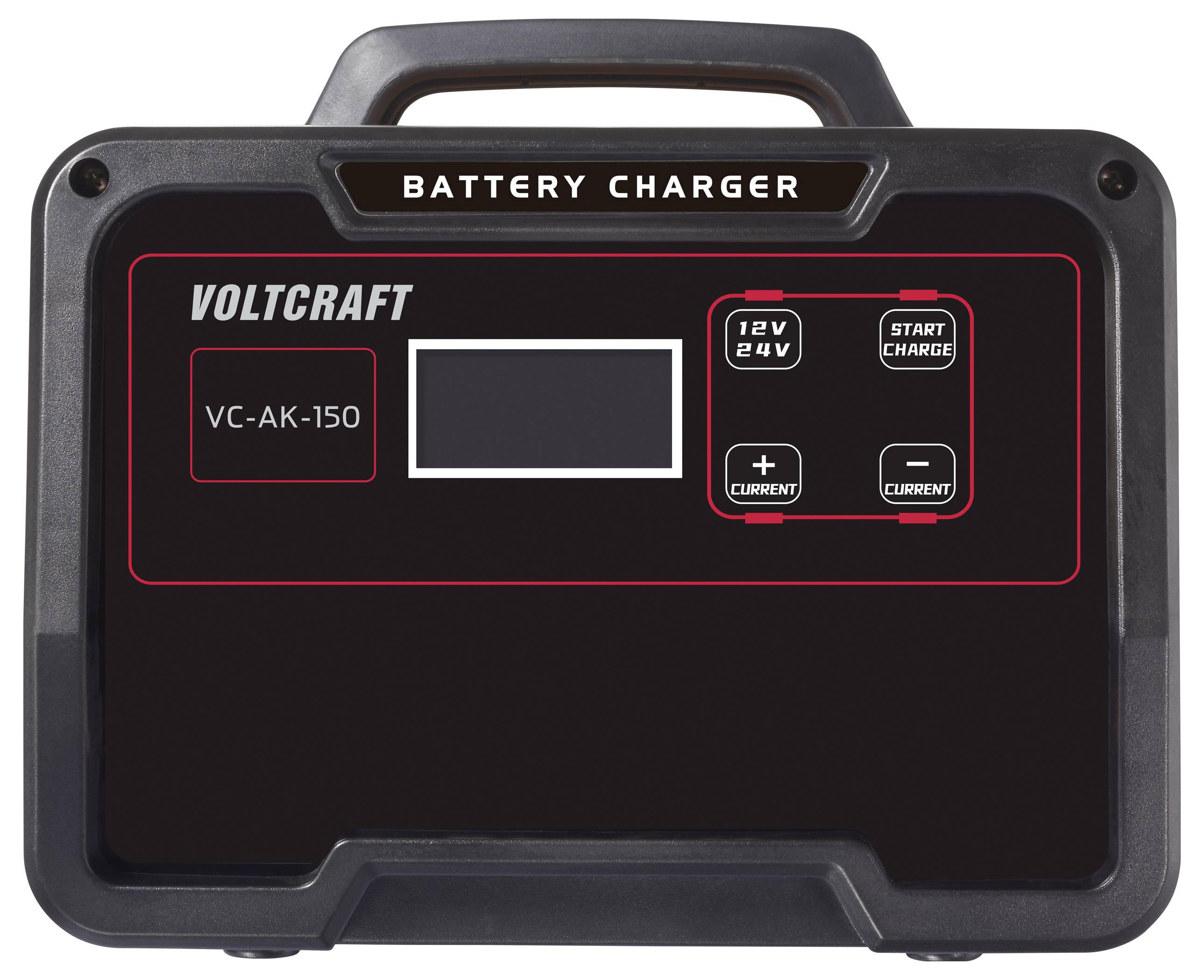 Nabíječka baterií s rukojetí, model 'Voltcraft VC-AK-150', displej, tlačítka pro 12V/24V a 'Start nabíjení', tlačítka '+' a '-'.