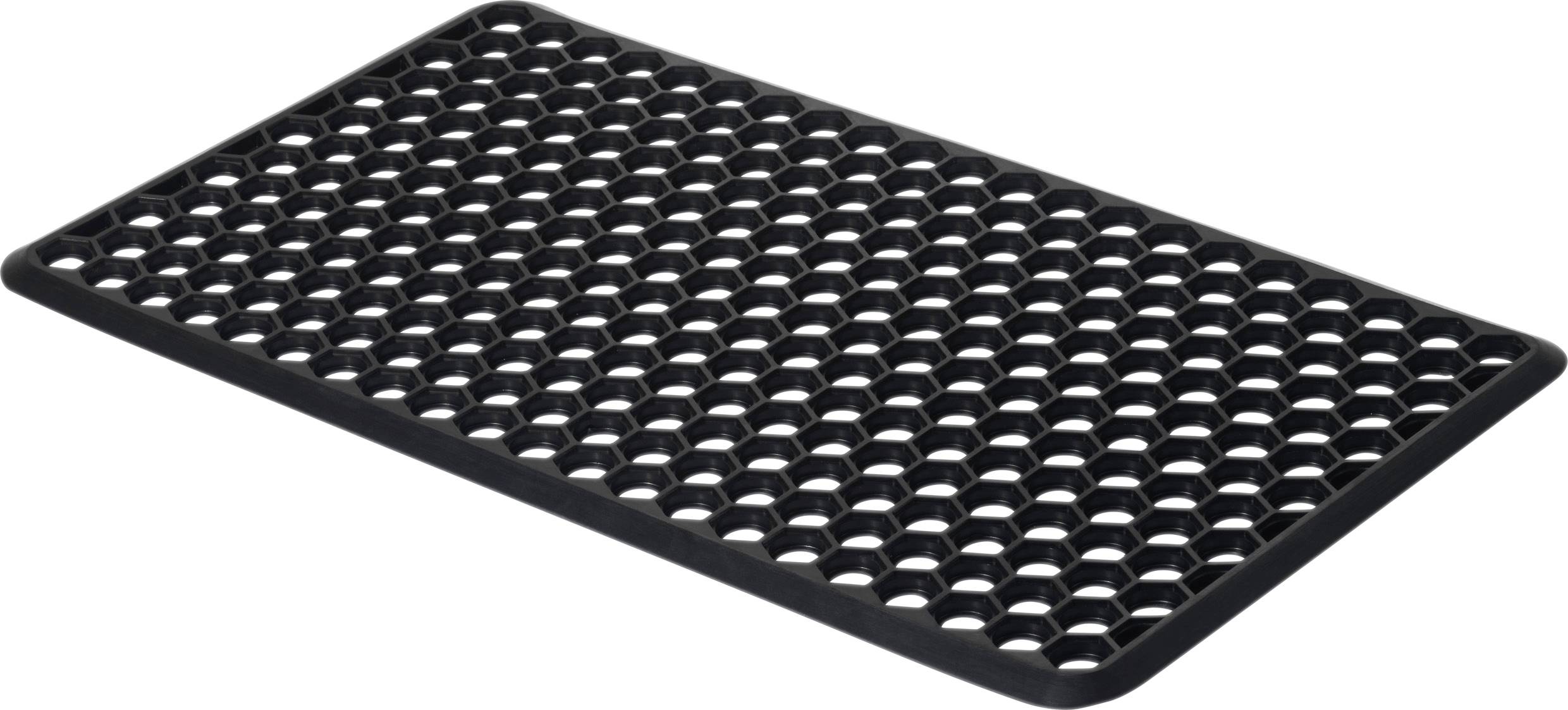 Černá gumová rohož s šestiúhelníkovými výřezy. Slouží jako protiskluzový povrch pro vstupní prostory nebo pracoviště.